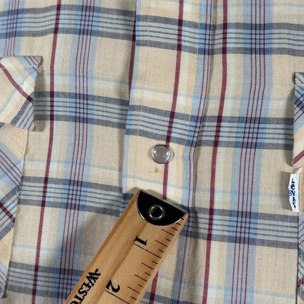Levis Vintage Western Pearl Snap Shirt Mens XL Tall Plaid Tan Blue Red Korea
